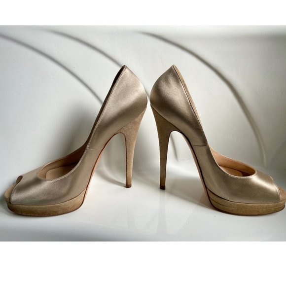 Casadei Champagne Satin Platform Peep Toe Pumps - Picture 4 of 9